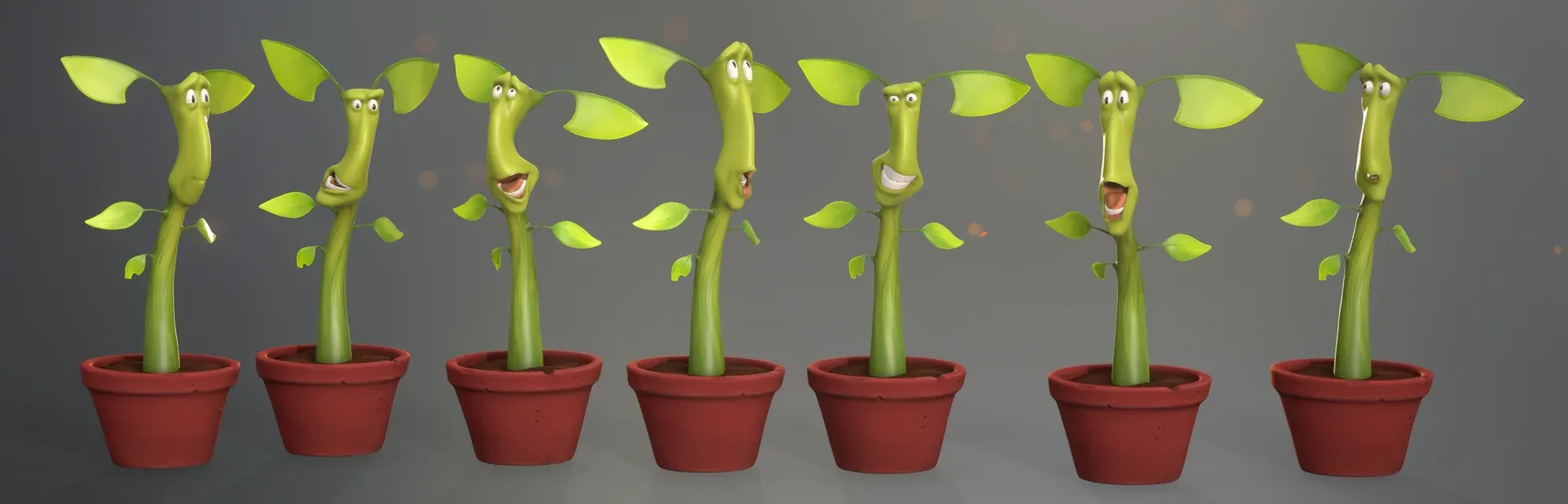 The same potted plant character in seven speech shapes, the mouth open in different vowel and consonant positions.