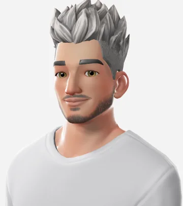 A stylized avatar with short, textured silver-grey hair swept up and back.