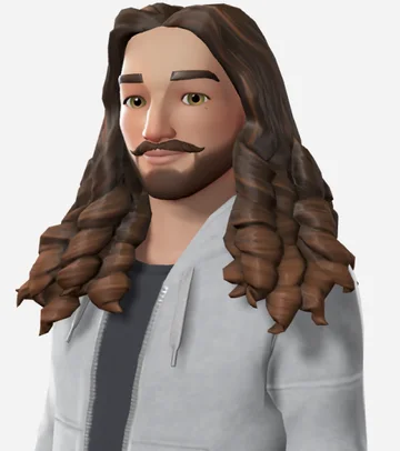 A stylized avatar with long, loose dark ringlets and a full beard.