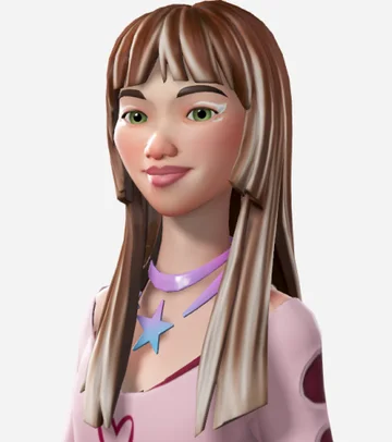 A stylized avatar with long straight hair, a full fringe, and pale highlight streaks.
