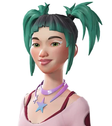 A stylized avatar with dark roots and high green pigtails.