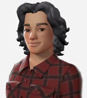 A stylized avatar with dark, wavy shoulder-length hair pushed back from the face.