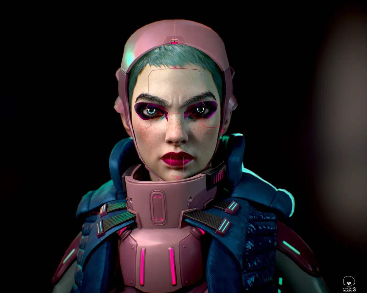 A close portrait of a cyberpunk woman wearing a helmet and layered armor, lit with pink, teal, and blue accents.