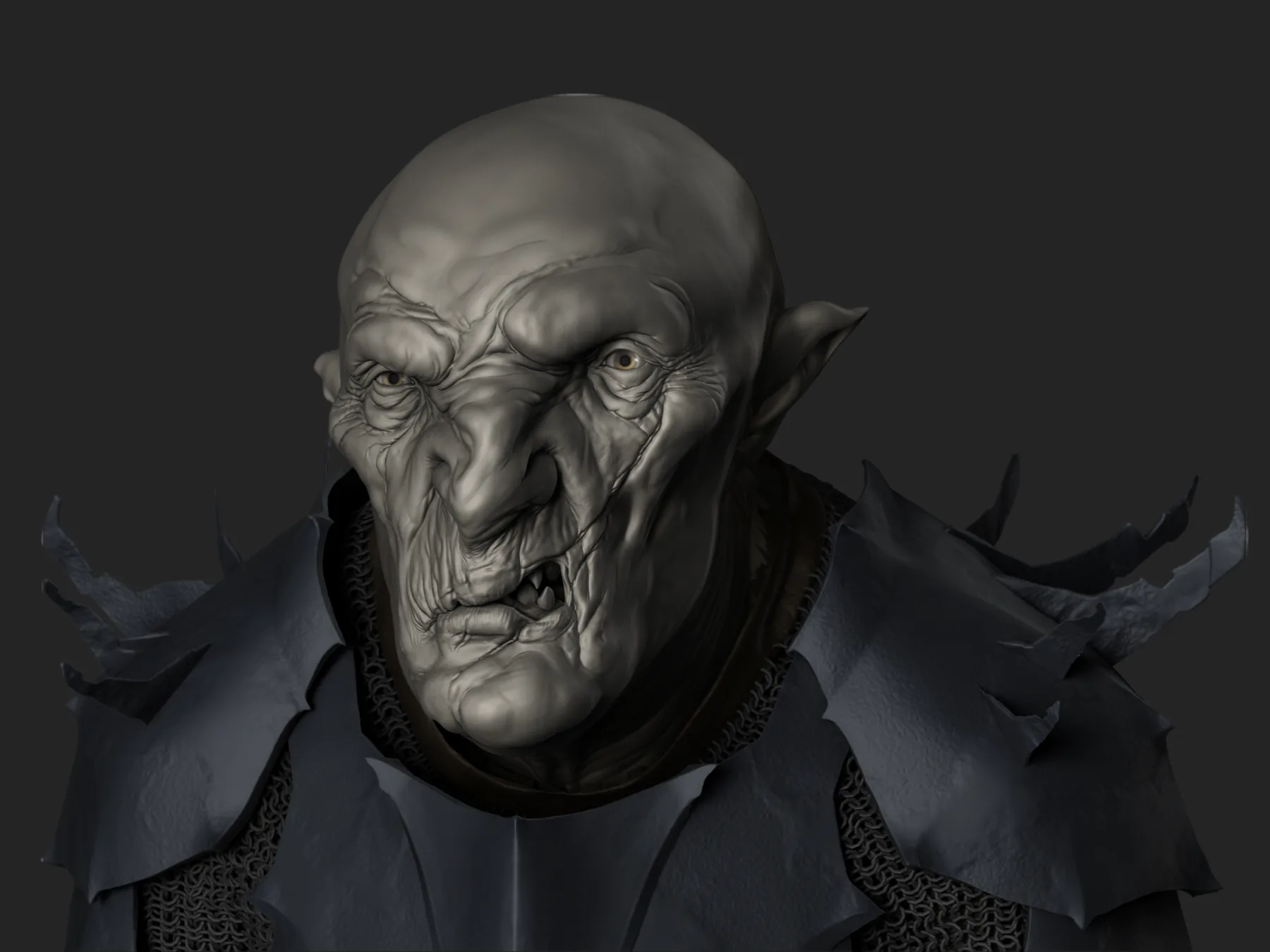 Close grayscale view of the orc's face showing age, loose skin, asymmetry, and the broken tusk.