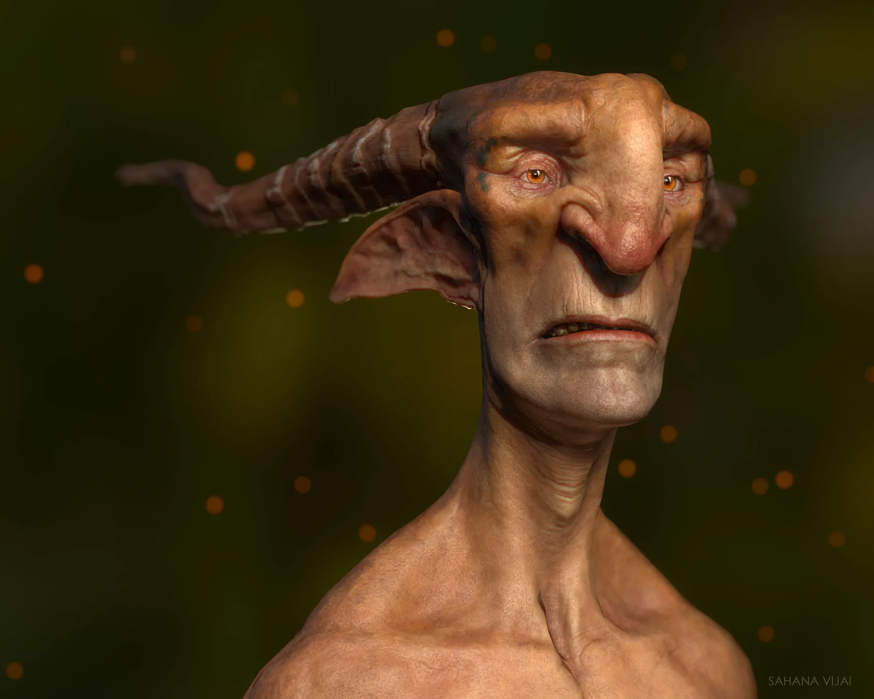 Three-quarter color portrait of the goblin, warm light across the long face and curled horns.