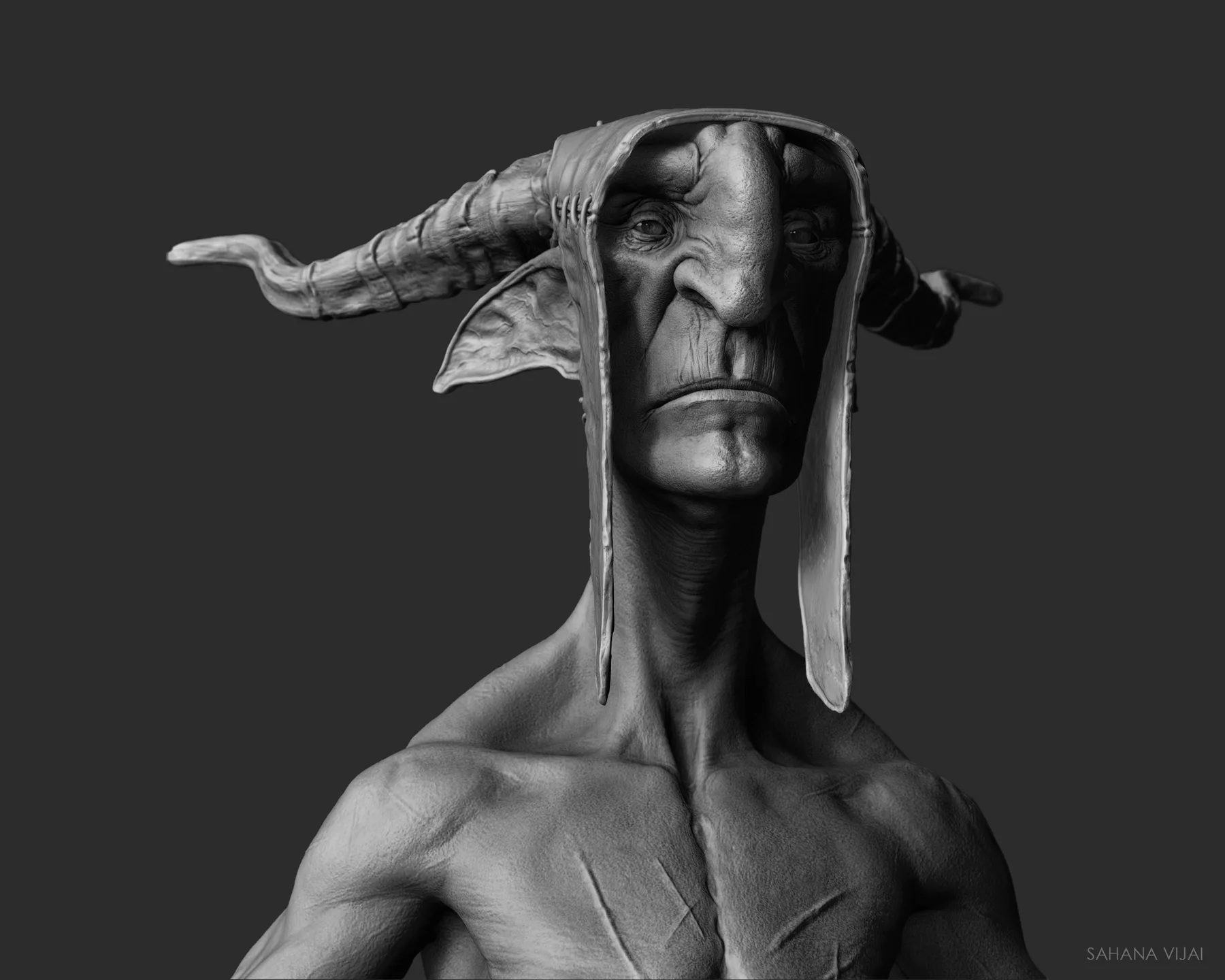 Gray sculpt close-up of the goblin's face under the stitched head wrap, showing wrinkles and folded ears.