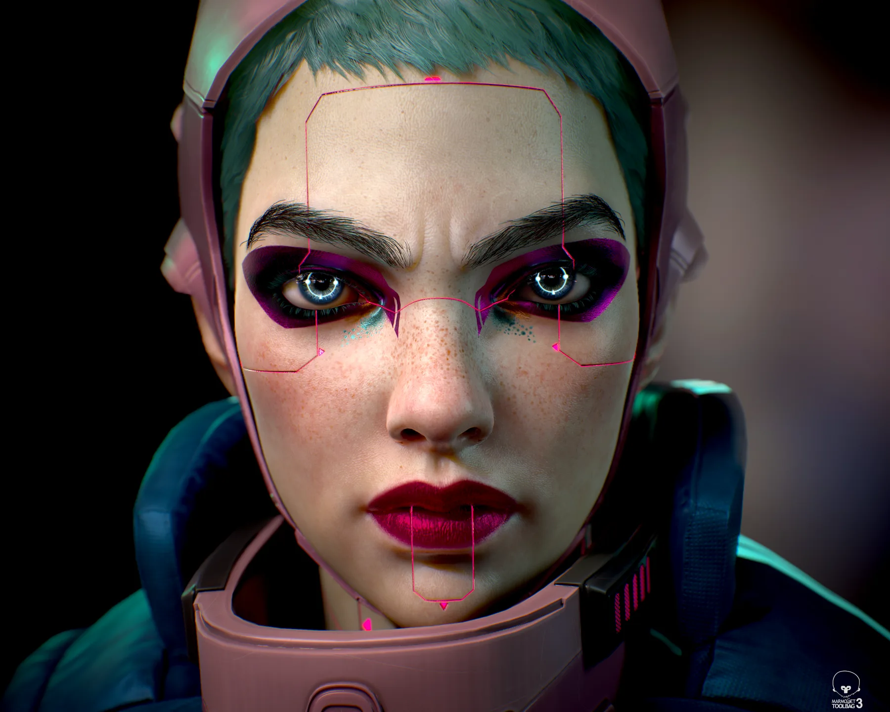 Bright front close-up of Nyx's face, showing freckled skin, dark eye makeup, and fine pink circuit lines across the forehead and chin.