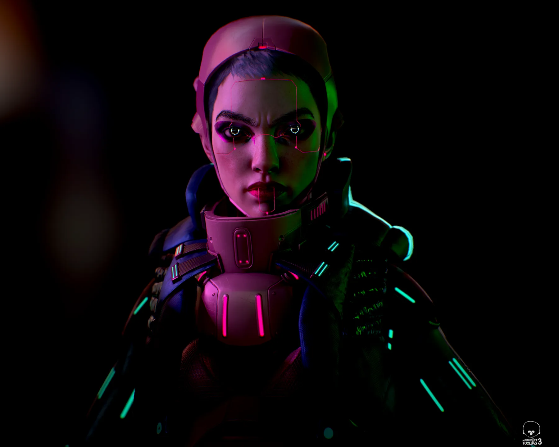 Front-facing bust of Nyx in near darkness, green rim light on one side and pink glows on the neck brace.
