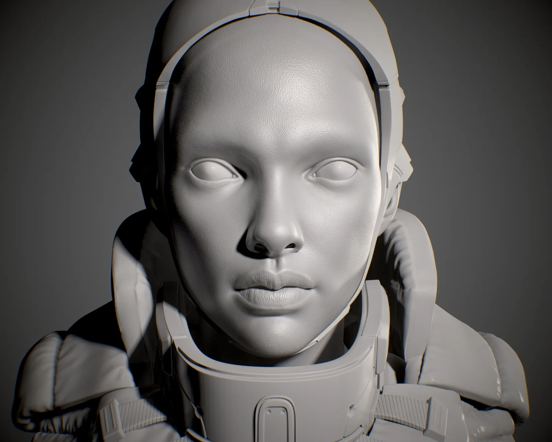 Close untextured sculpt view of Nyx's face with blank eyes, showing the skin texturing and helmet parts.