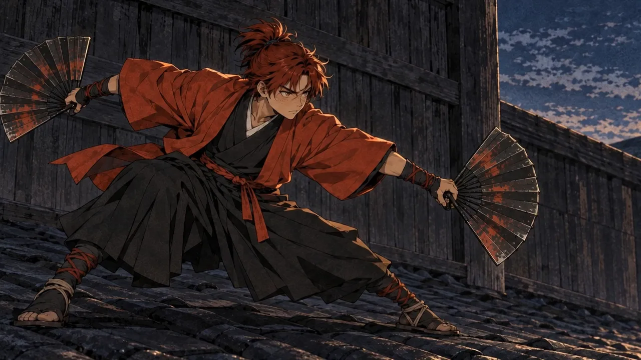 Aki in his red jacket crouches low on a rooftop at night, a fan open in each hand.