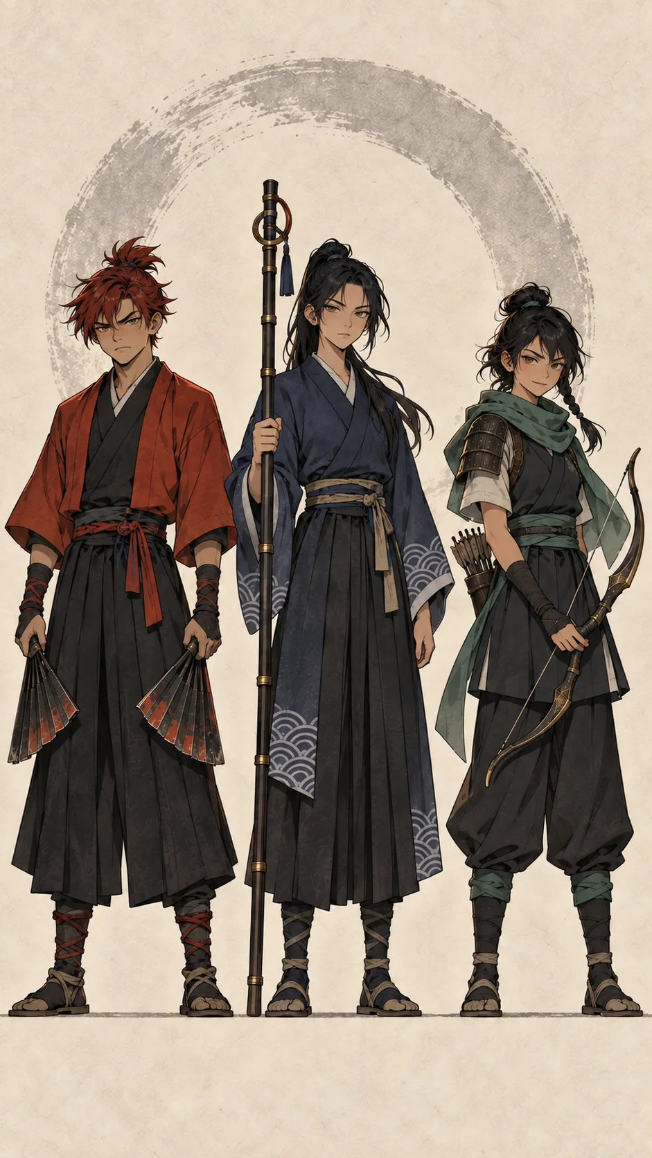 Character lineup on a pale paper ground: Aki in a red jacket holding two fans, Nami in a dark blue robe with a tall staff, and Tsubame in a green scarf with a bow, her hair in a bun and side braid.