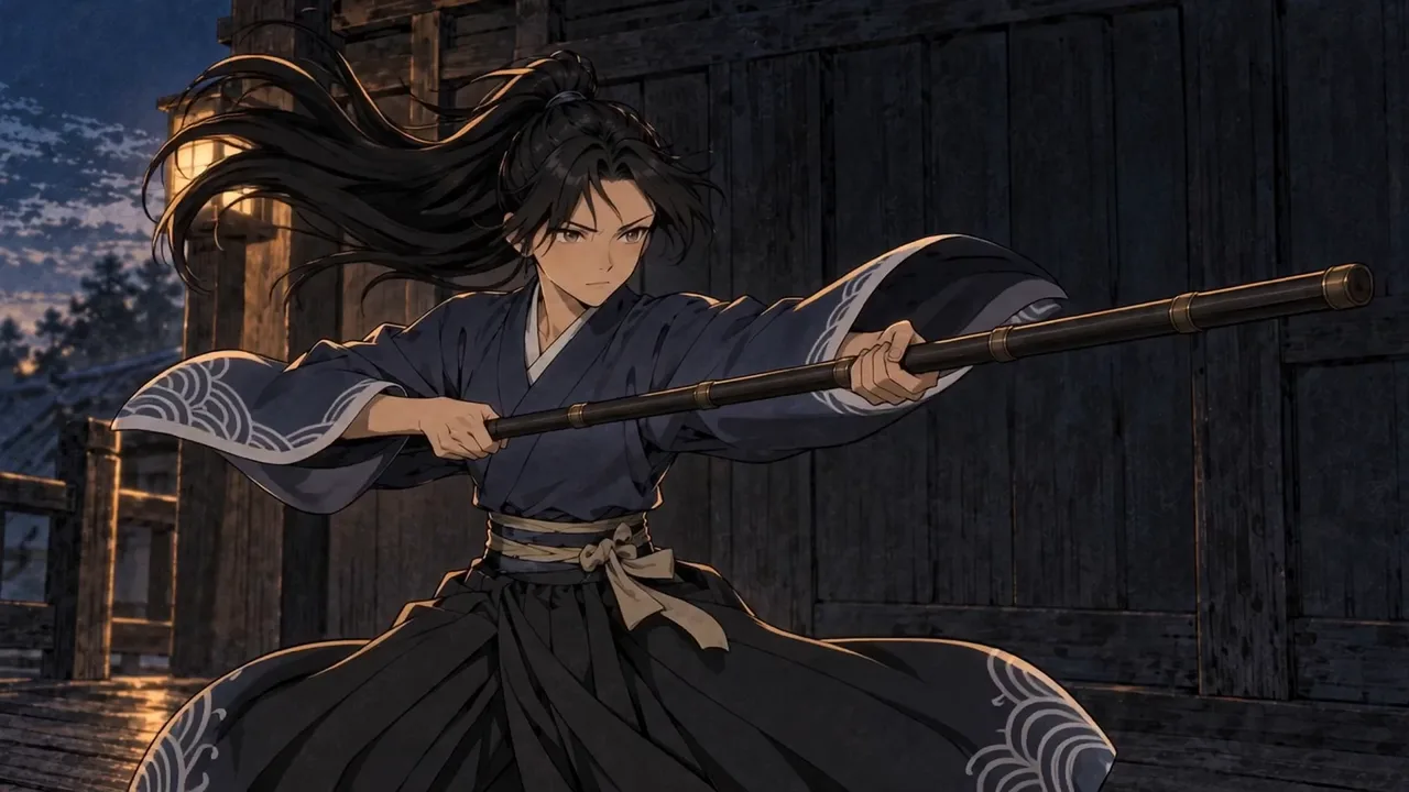 Nami in her indigo robe holds her staff level in a steady guard, long hair streaming behind her.