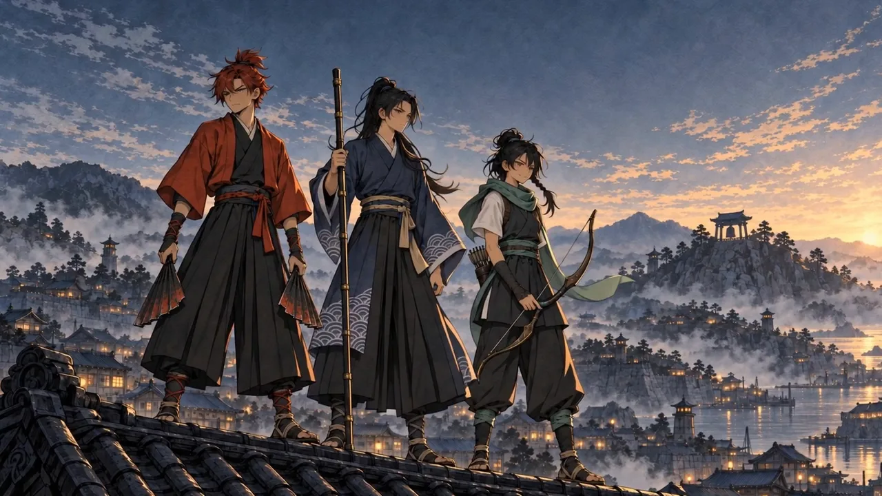 Aki, Nami and Tsubame stand together on a rooftop above a harbour city at dawn.