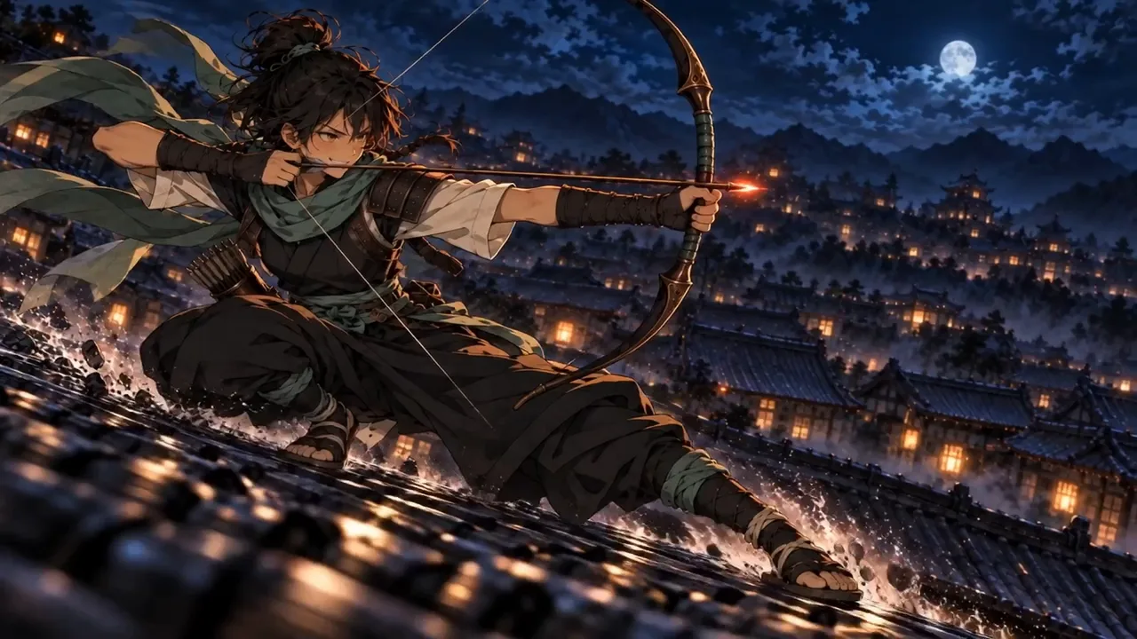 Tsubame, green scarf flying, draws her bow low across a moonlit rooftop.